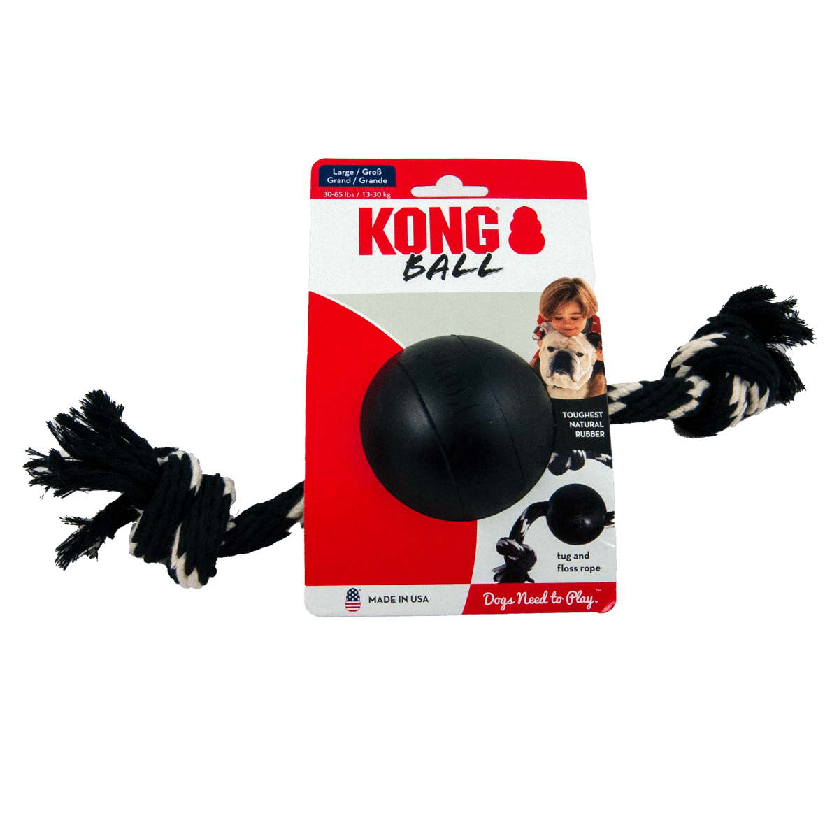 Kongs svarta boll med rep - tålig hundleksak