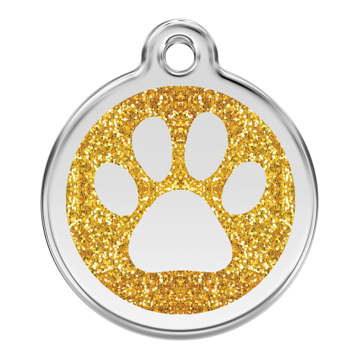 Guld glittrande tassavtryck- graverad id-bricka till hund och katt