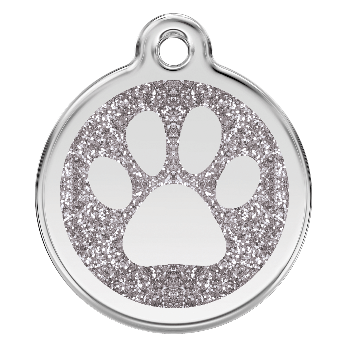 Glittrig id-bricka i silver med tassavtryck till hund och katt